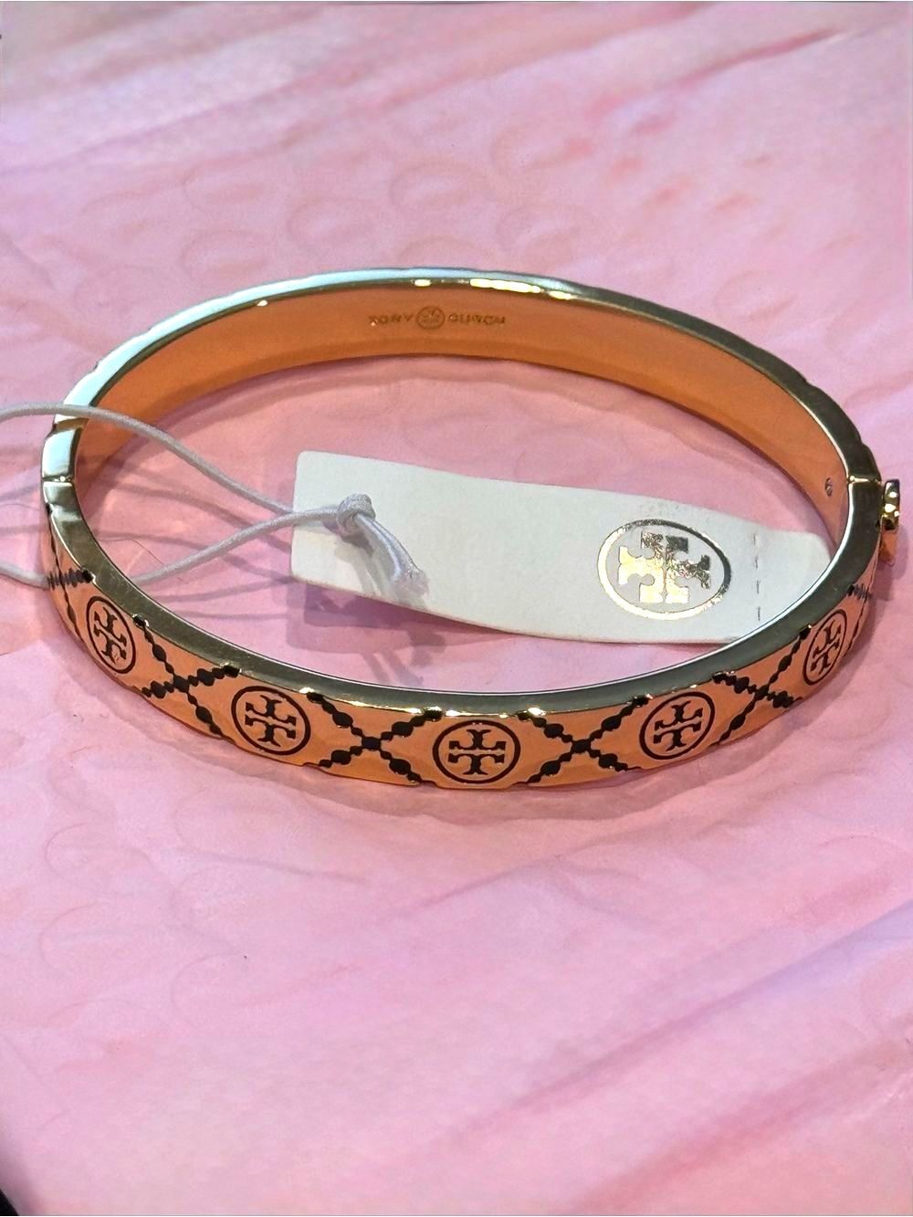NWT Tory Burch Black & Gold Monogram Enamel Icon Hinged Bangle Bracelet